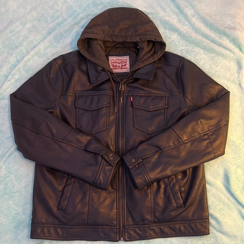 Levi's NAVY Men's Faux Leather Fleece Hood Lining Sherpa Trucker Jacket LARGE